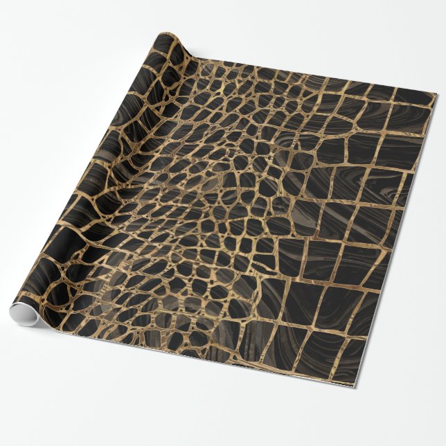Papel De Presente Faux Crocodilo Negro Mármore líquido e ouro (Desenrolado)