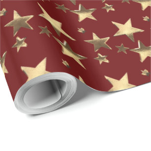 Papel De Presente Faux Douradas Estrelas de Natal Padrão Vermelho Bo