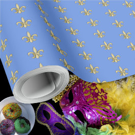 Papel De Presente Faux Dourado FleurDeLis em Azul