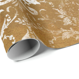 Papel De Presente Faux Dourado Floral Cottage Grungy Damask White Ro