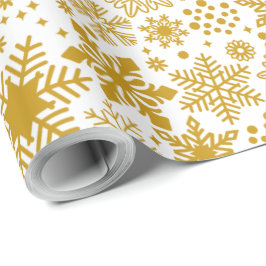 Papel De Presente Faux Gold Foil e White Snowflakes Feriado