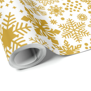 Papel De Presente Faux Gold Foil e White Snowflakes Feriado