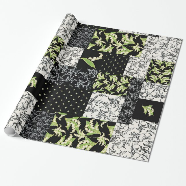 Papel De Presente Faux Patchwork Giftwrap: Lily of the Valley, Black (Desenrolado)