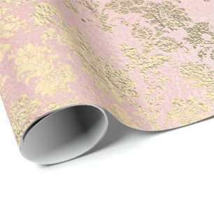 Papel De Presente Faux Royal Dourado Floral, Pó Floral, Cor-de-rosa