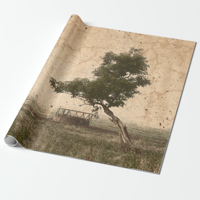 Papel De Presente Fazenda Antiquada da Árvore Rústica do País Vintag (Desenrolado)