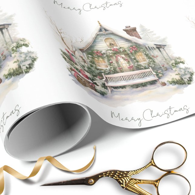 Papel De Presente Fazenda de inverno de neve personalizada Aquarela  (Criador carregado)