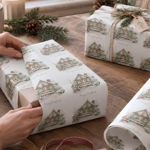 Papel De Presente Fazenda de inverno de neve personalizada Aquarela