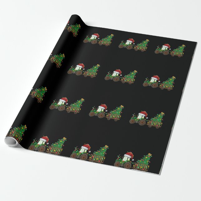 Papel De Presente Fazenda de Natal Trator Xmas Árvore Luz Santa Hat (Desenrolado)