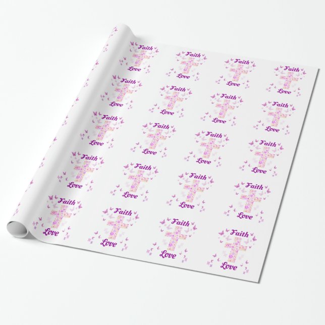Papel De Presente Fé e Amor Cruz de Rosas com Butterflie Rosa (Desenrolado)