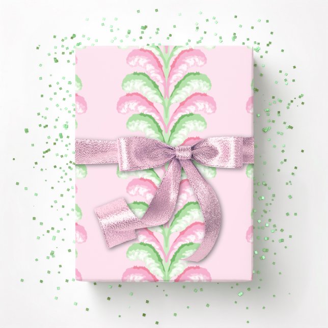Papel De Presente Feathered Fete Stripe in Pink and Green (Criador carregado)