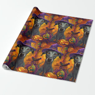 Papel De Presente Feiticeira de Halloween e Abóbora de Cachorro Grey