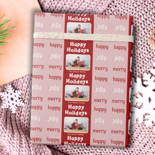 Papel De Presente Felicidade de Natal Foto da Família Rosa Vermelho 