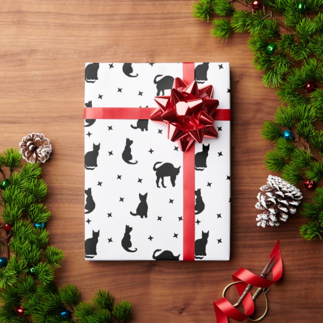 Papel De Presente Felinos negros e estrelas (Presente de Natal)