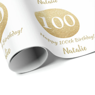 Papel De Presente Feliz 100º aniversário, Dourado brilho e branco