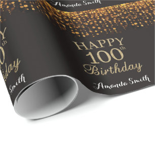 Papel De Presente Feliz 100º aniversário, negro e Dourado brilho