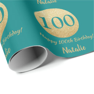 Papel De Presente Feliz 100º Aniversário Teal e Dourada Glitter