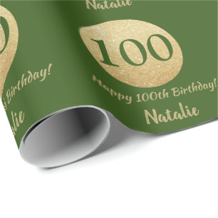 Papel De Presente Feliz 100º aniversário, verde e Dourado brilho