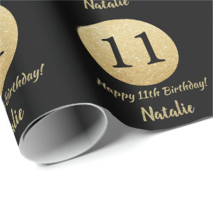 Papel De Presente Feliz 11 Aniversário Negro e Dourado