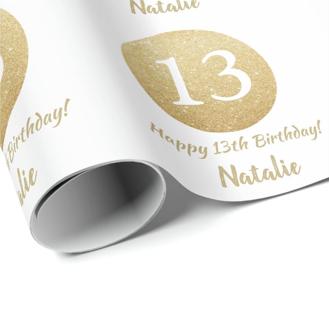 Papel De Presente Feliz 13 Birthday Dourado Glitter e Branco (Ponta do rolo)