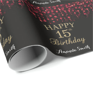 Papel De Presente Feliz 15 Aniversário Vermelho Negro e Dourado Bri