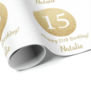 Papel De Presente Feliz 15 Birthday Dourado Glitter e Branco