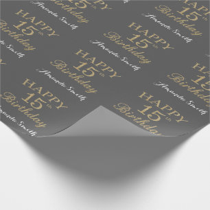 Papel De Presente Feliz 15 Birthday Dourado Glitter e Cinza