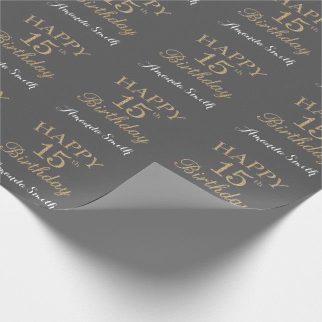 Papel De Presente Feliz 15 Birthday Dourado Glitter e Cinza (Ponta)