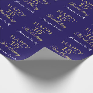 Papel De Presente Feliz 15 Birthday Dourado Glitter e Marinho Azul