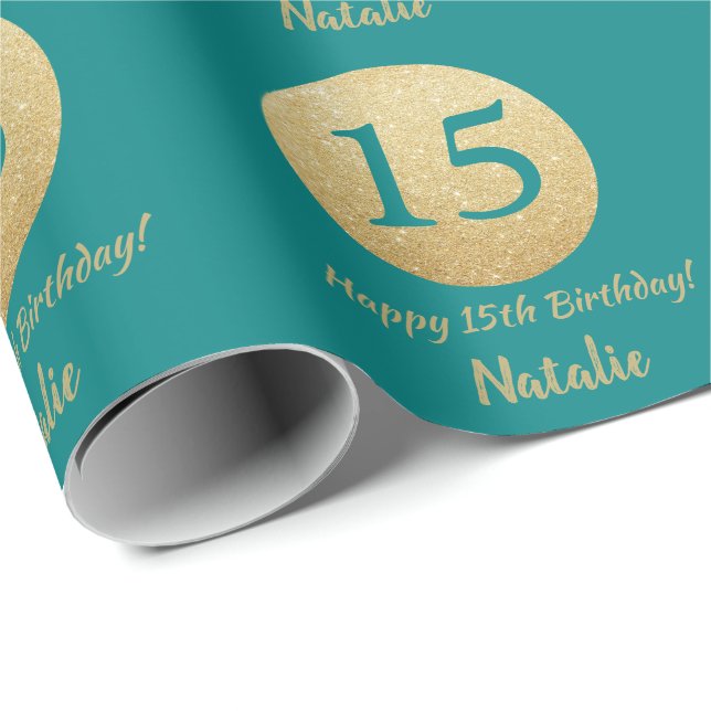 Papel De Presente Feliz 15 de Aniversário Teal e Dourada Glitter (Ponta do rolo)