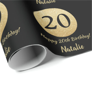 Papel De Presente Feliz 20 Aniversário Negro e Dourado brilho