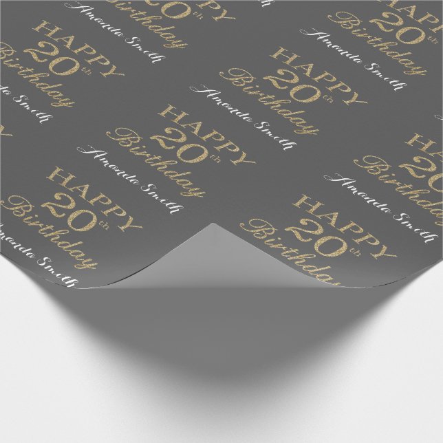 Papel De Presente Feliz 20 Birthday Dourado Glitter e Cinza (Ponta)