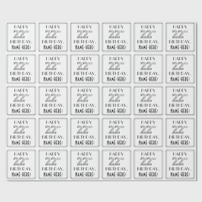 Papel De Presente FELIZ 22º ANIVERSÁRIO; Estilo de Deco de Arte; Nom (Aberto)