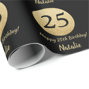 Papel De Presente Feliz 25 Aniversário Negro e Dourado