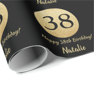Papel De Presente Feliz 38º aniversário, preto e Dourado brilho