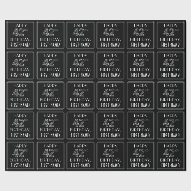 Papel De Presente FELIZ 42º ANIVERSÁRIO; Estilo de Deco de Arte com  (Barra)