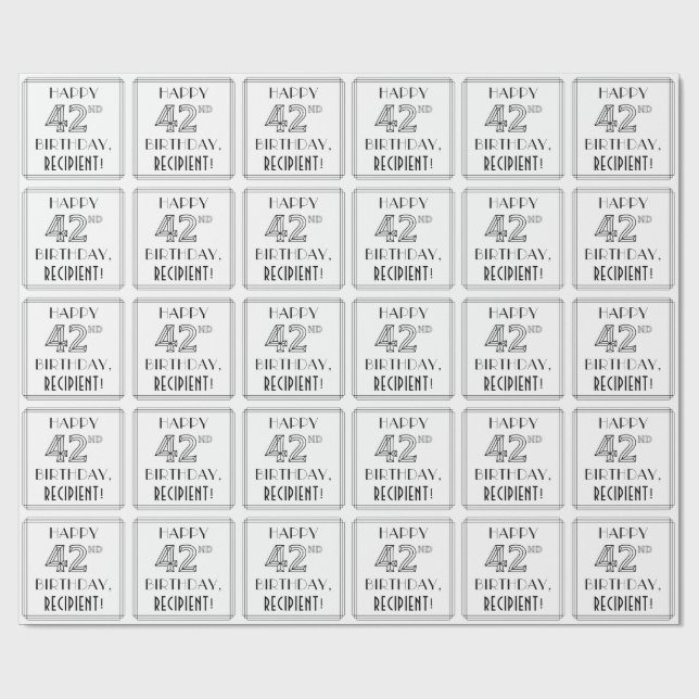 Papel De Presente FELIZ 42º ANIVERSÁRIO; Estilo de Deco de Arte; Nom (Aberto)