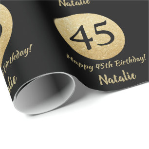 Papel De Presente Feliz 45º aniversário, preto e Dourado brilho