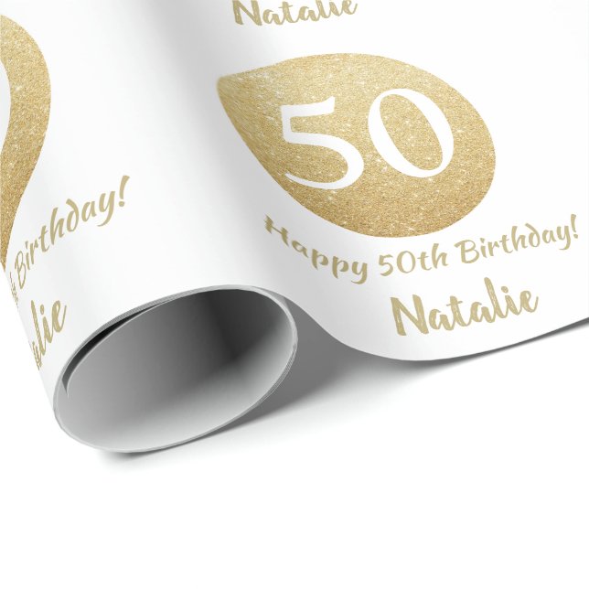 Papel De Presente Feliz 50º aniversário, Dourado brilho e branco (Ponta do rolo)