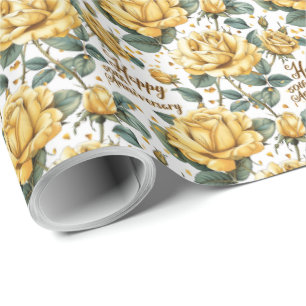 Papel De Presente Feliz 50º Aniversário Gift Wrap Yellow Roses