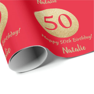 Papel De Presente Feliz 50º aniversário, vermelho e Dourado brilho