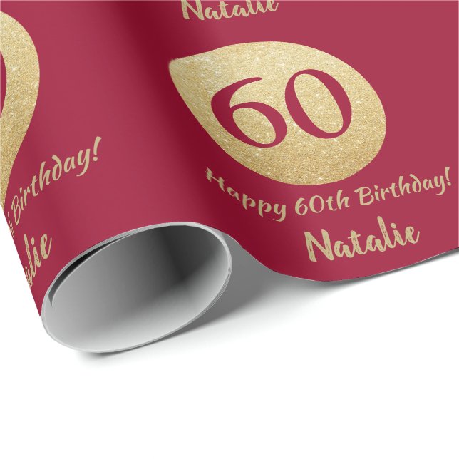 Papel De Presente Feliz 60º aniversário Borgonha Vermelha e Dourada  (Ponta do rolo)