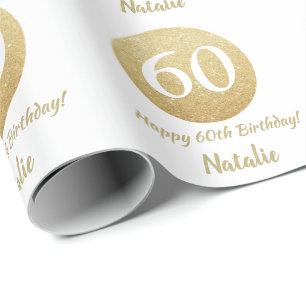 Papel De Presente Feliz 60º aniversário, Dourado brilho e branco
