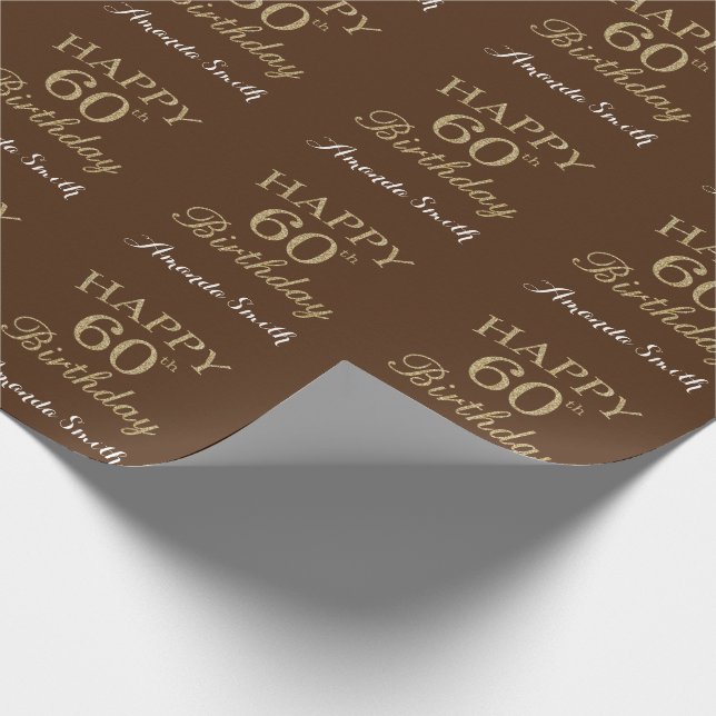 Papel De Presente Feliz 60º aniversário, Dourado Brilho e Marrom (Ponta)