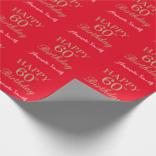 Papel De Presente Feliz 60.º aniversário, Dourado brilho e vermelh