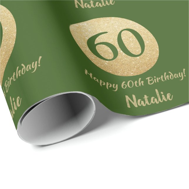 Papel De Presente Feliz 60.º aniversário Verde e Dourado brilho (Ponta do rolo)