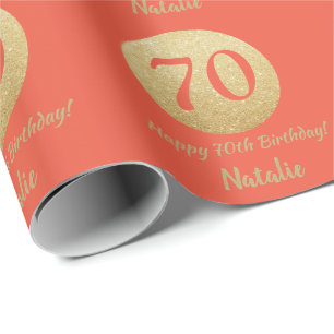 Papel De Presente Feliz 70 Aniversário Coral Laranja e Brilho Doura