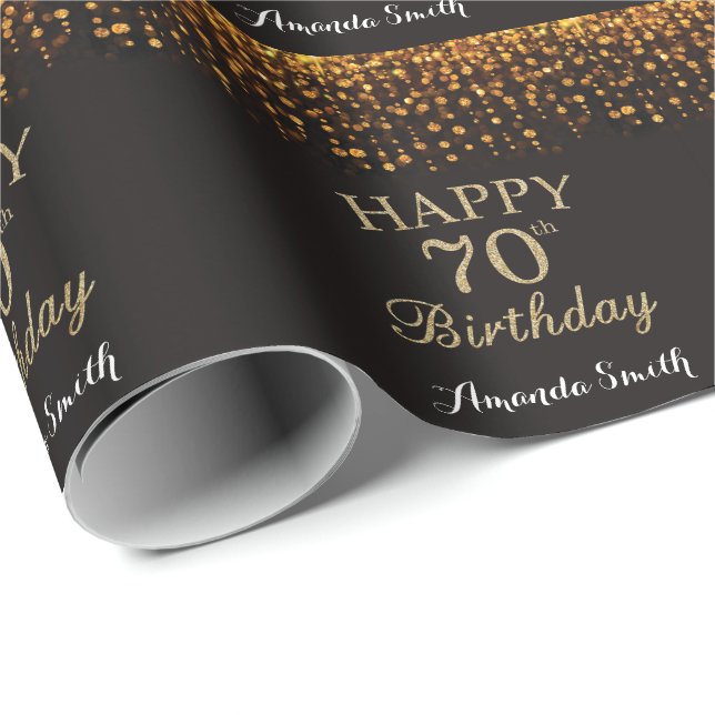 Papel De Presente Feliz 70 Aniversário Negro e Dourado brilho (Ponta do rolo)