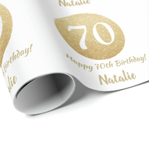 Papel De Presente Feliz 70 Birthday Dourado Glitter e Branco