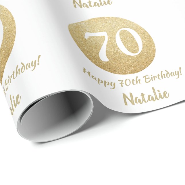 Papel De Presente Feliz 70 Birthday Dourado Glitter e Branco (Ponta do rolo)