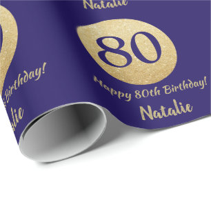 Papel De Presente Feliz 80 Birthday Marinho Azul e Dourado Brilho